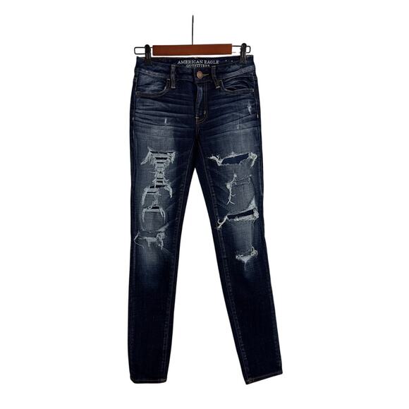 American Eagle Distressed Denim Blue Skinny Jegging Jeans Size Women's 00 - Picture 2 of 6